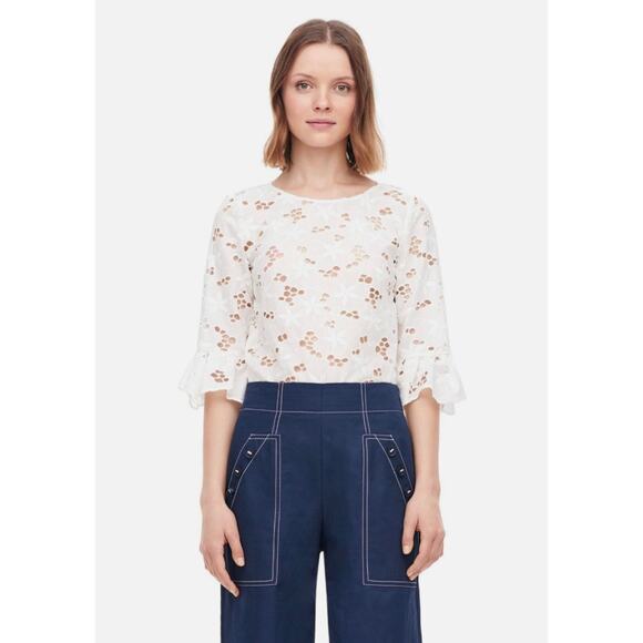 Rebecca Taylor Adriana Floral Eyelet Ruffle Sleeve Sheer Pullover Blouse White 2 - Picture 1 of 8